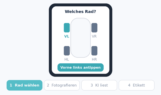 Bildschirmaufnahme: Rad wählen, fotografieren, KI liest, Etikett